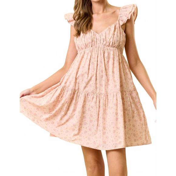NEW DOE AND RAE cotton floral mini dress with side pockets in blush pink - Picture 1 of 4